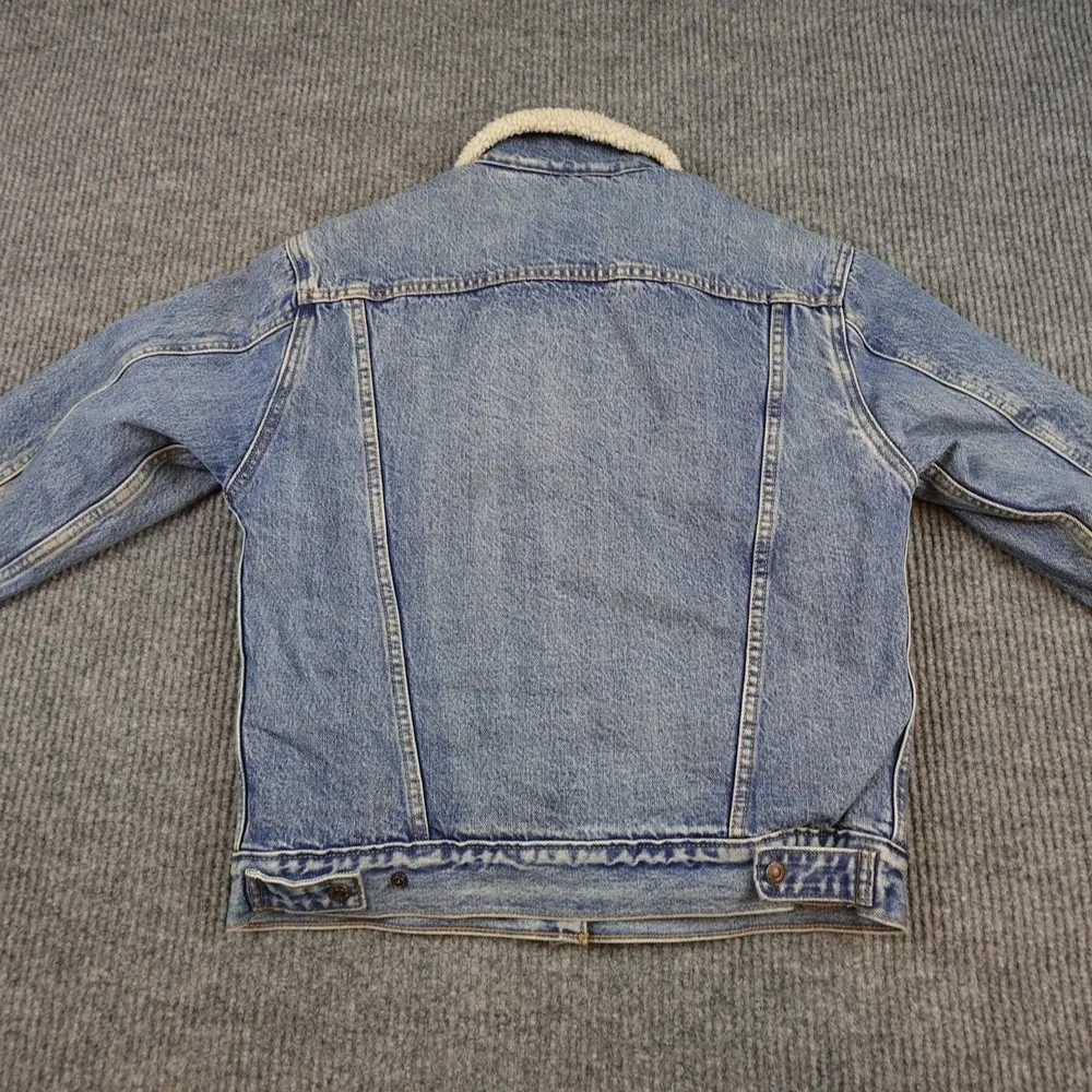 Levis Premium Denim Jacket Mens Small Blue Sherpa Lined Bomber Button Insulated